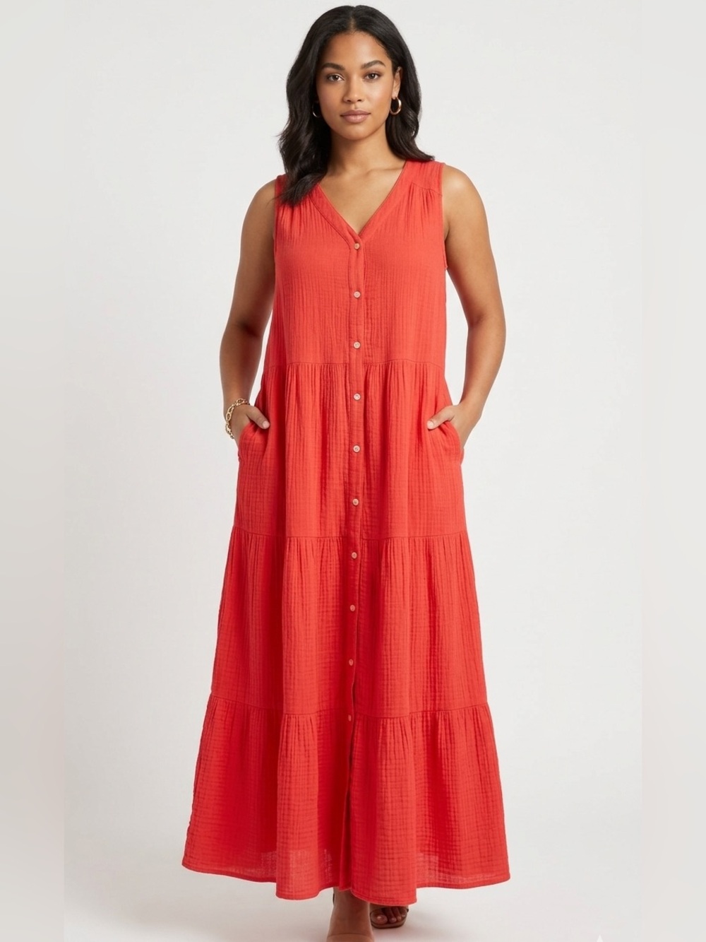 LIKE NEW 100% Cotton Style & Co Gauzy Sleeveless Button-Front Maxi Dress